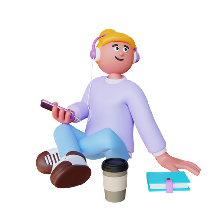 Woman Sit And Listening Music Using Earphone  3D Icon