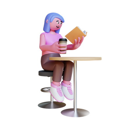 Woman Sit On Chair Reading Book And Holding Coffee  3D Icon