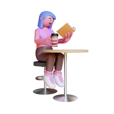 Woman Sit On Chair Reading Book And Holding Coffee  3D Illustration