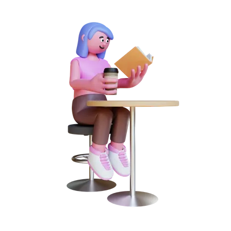 Woman Sit On Chair Reading Book And Holding Coffee  3D Illustration