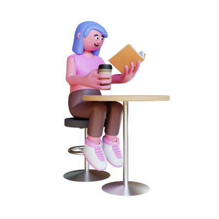 Woman Sit On Chair Reading Book And Holding Coffee 3D Illustration