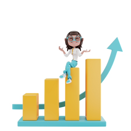 Woman sitting chart and showing growth 3D Illustration