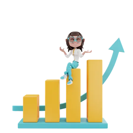 Woman sitting chart and showing growth 3D Illustration