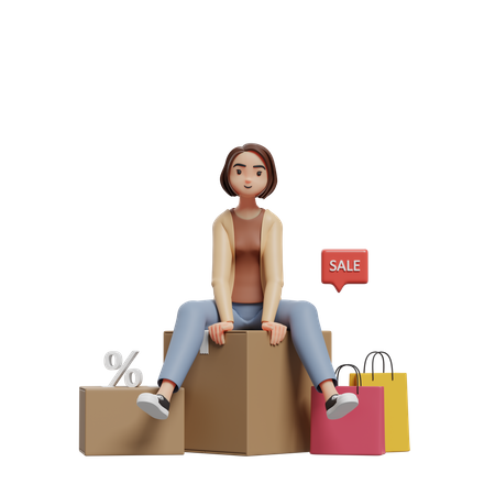 Woman sitting on a box of groceries  3D Illustration