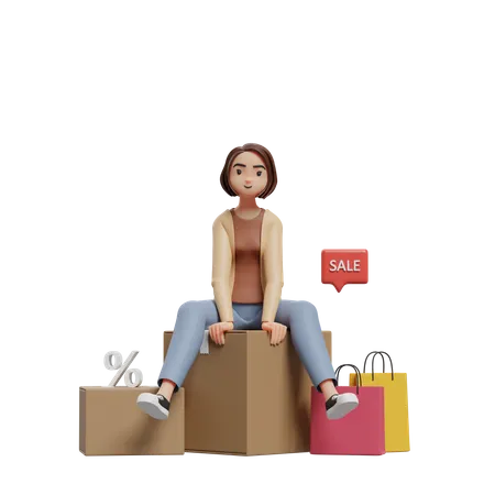 Woman sitting on a box of groceries  3D Illustration