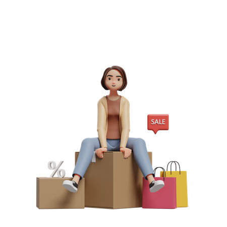 Woman sitting on a box of groceries 3D Illustration
