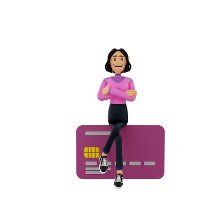 Woman sitting on bank card  3D Illustration