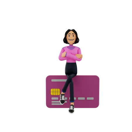 Woman sitting on bank card  3D Illustration