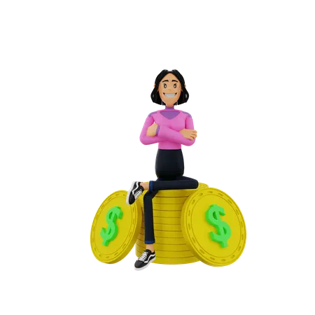 Woman sitting on dollar coin  3D Illustration