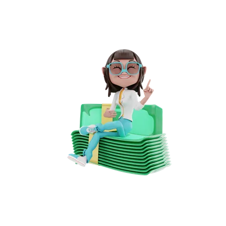 Woman sitting on money  3D Illustration