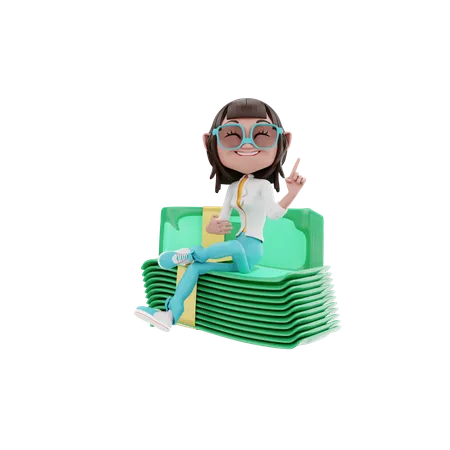 Woman sitting on money 3D Illustration