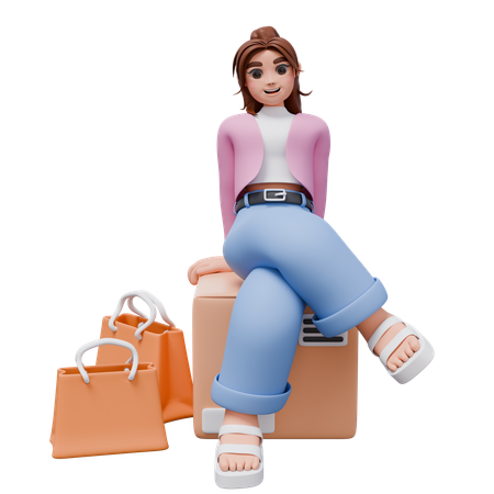 Woman Sitting On Package Box  3D Illustration