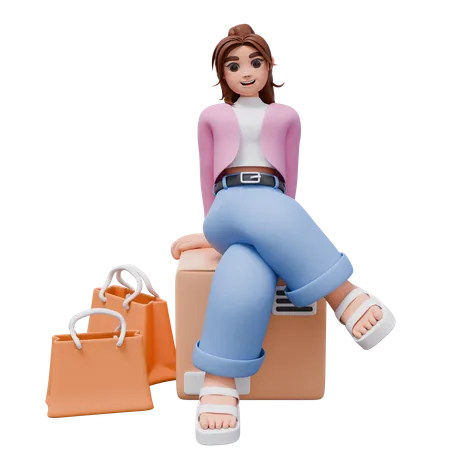 Woman Sitting On Package Box  3D Illustration