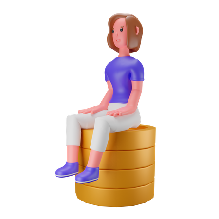 Woman sitting on stacked coins  3D Icon