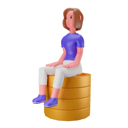 Woman sitting on stacked coins  3D Illustration