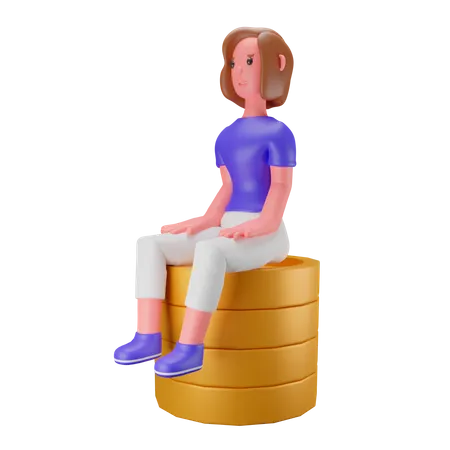 Woman sitting on stacked coins 3D Illustration
