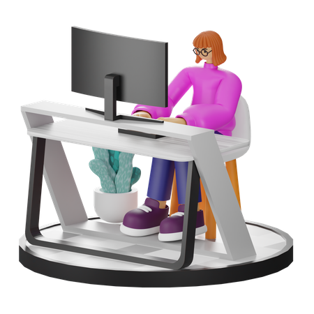 Woman sitting on table and working on computer  3D Illustration