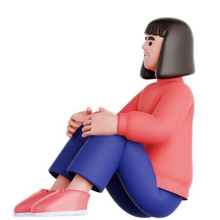 床に座って上を見上げる女性  3D Illustration