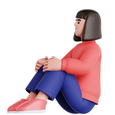 床に座って上を見上げる女性  3D Illustration