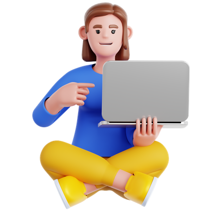 Woman Sitting on the Floor with Pointing to laptop  3D Illustration