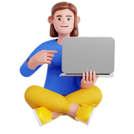 Woman Sitting on the Floor with Pointing to laptop  3D Illustration