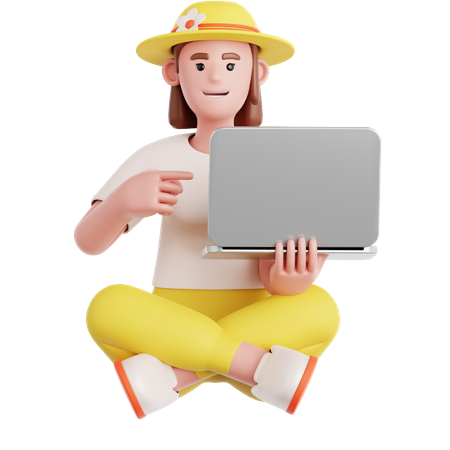 Woman Sitting on the Floor with Pointing to laptop  3D Illustration