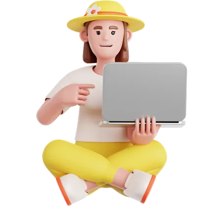 Woman Sitting on the Floor with Pointing to laptop  3D Illustration