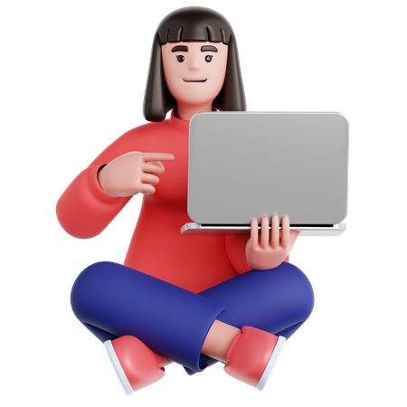 Woman Sitting on the Floor with Pointing to laptop  3D Illustration