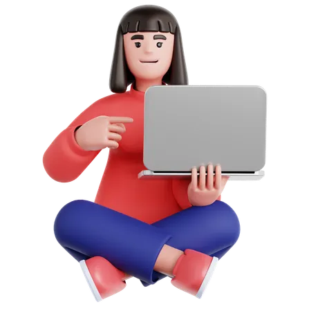 Woman Sitting on the Floor with Pointing to laptop  3D Illustration