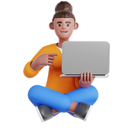 Woman Sitting on the Floor with Pointing to laptop  3D Illustration