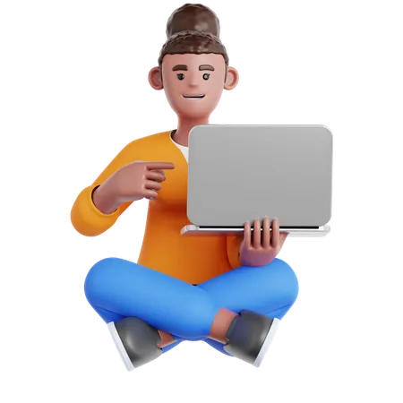 Woman Sitting on the Floor with Pointing to laptop  3D Illustration