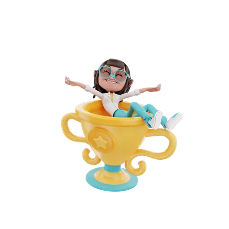 Woman sitting on the trophy 3D Illustration