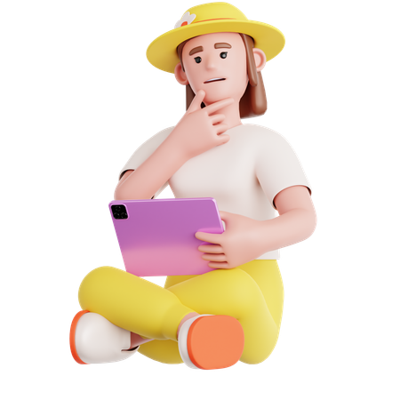 Woman Sitting with a Tought and Holding Tablet  3D Illustration