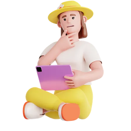 Woman Sitting with a Tought and Holding Tablet  3D Illustration