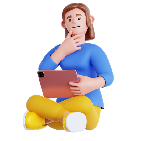 Woman Sitting with a Tought and Holding Tablet  3D Illustration