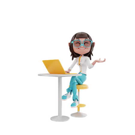 Woman sitting with laptop at table  3D Icon