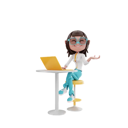 Woman sitting with laptop at table  3D Illustration