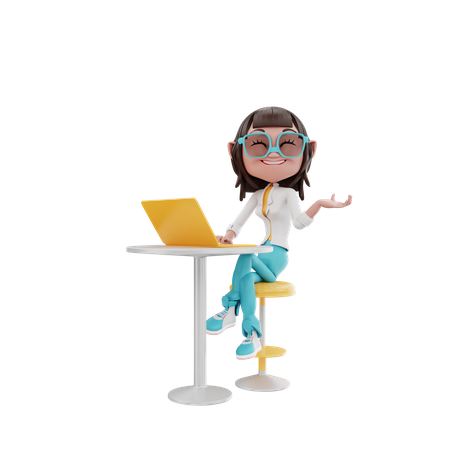 Woman sitting with laptop at table 3D Illustration