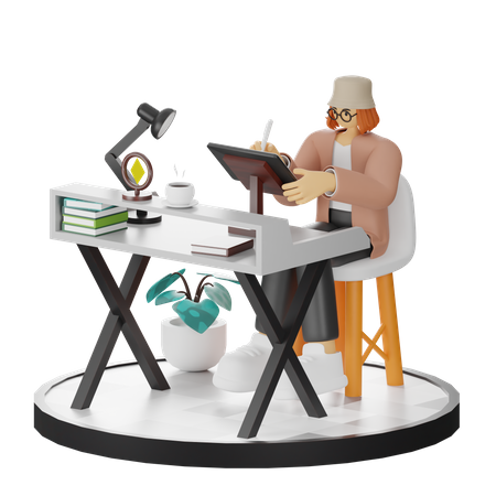 Woman Sketching On A Tablet In A Clean Environment  3D Illustration