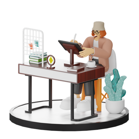 Woman Sketching On A Tablet In A Clean Environment  3D Illustration