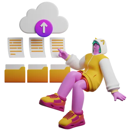 Woman Sorts Files And Folders On Upload  3D Illustration