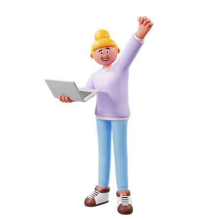 Woman Standing And Holding Laptop  3D Icon