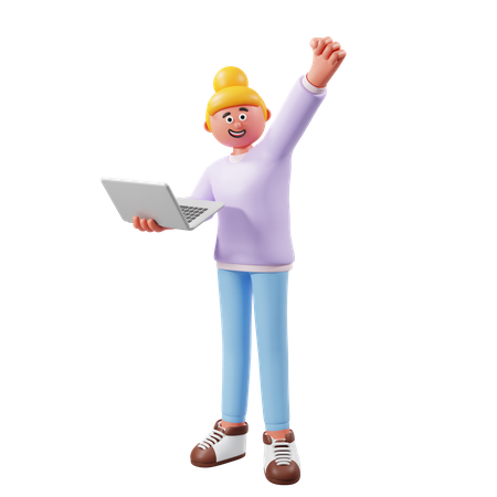 Woman Standing And Holding Laptop  3D Illustration