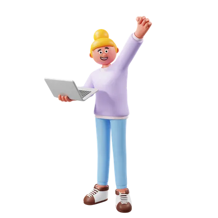 Woman Standing And Holding Laptop  3D Illustration