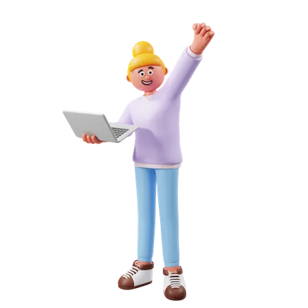 Woman Standing And Holding Laptop 3D Illustration