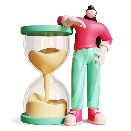 Woman Standing behind Hourglass 3D Illustration
