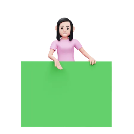 Woman standing behind the big green banner 3D Illustration