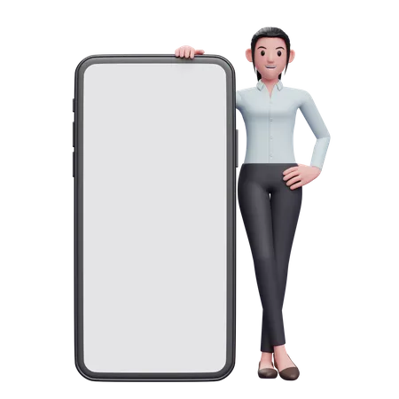 Woman standing next to big phone  3D Illustration