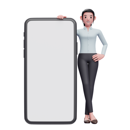 Woman standing next to big phone 3D Illustration