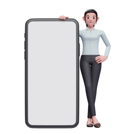 Woman standing next to big phone 3D Illustration